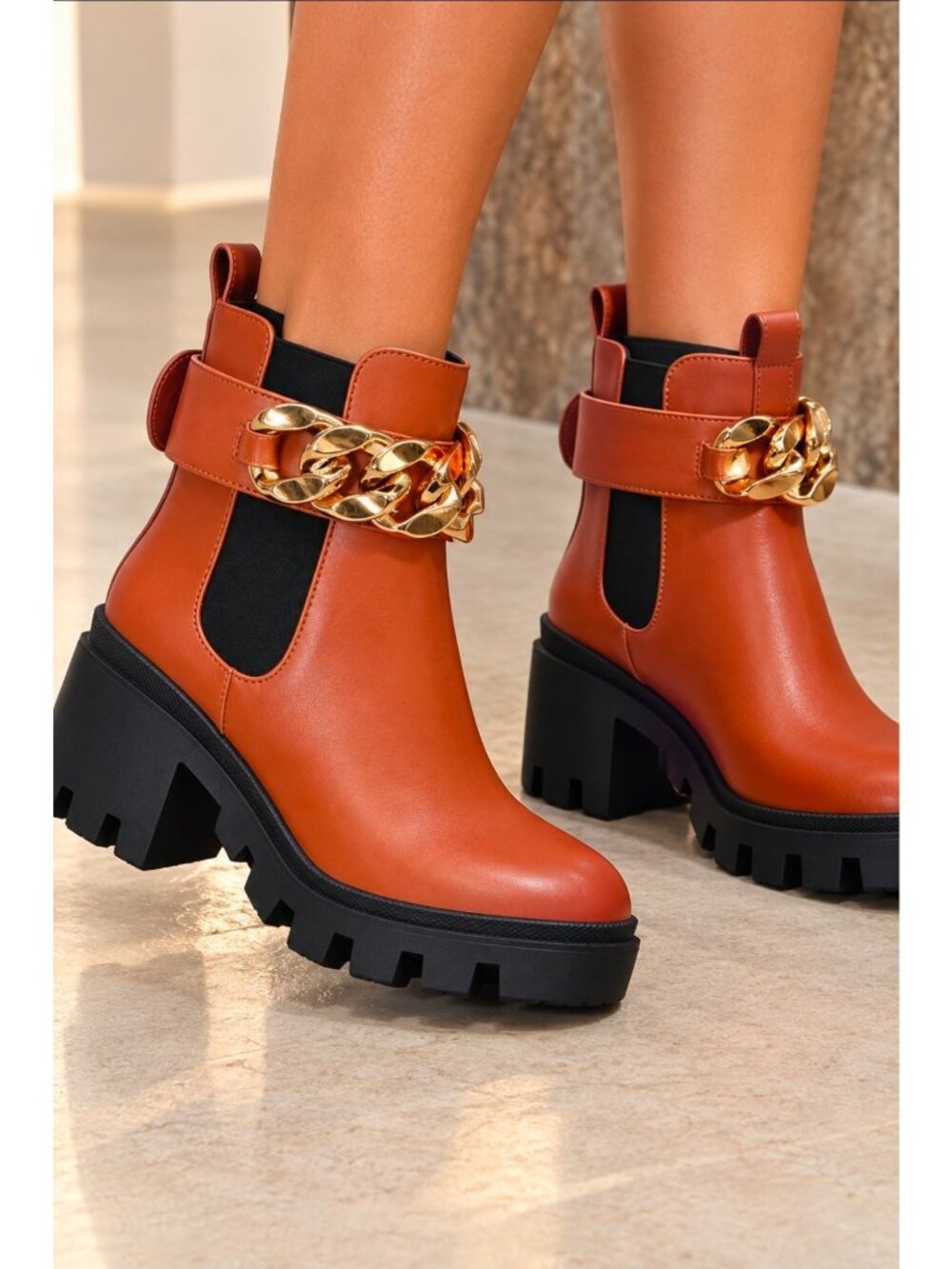 Tan Chunky Heel Ankle Boots With Gold Chain Accent & Lug Sole Design – Womens St